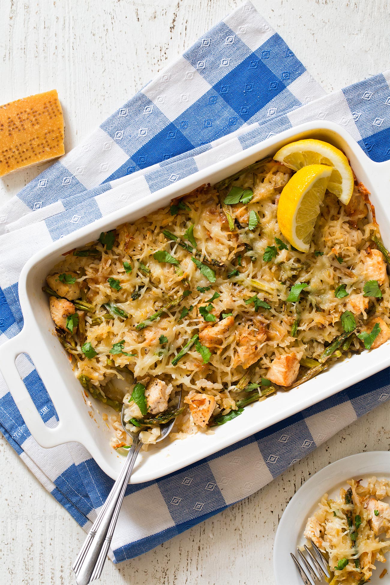 Lemon Parmesan Chicken Rice Casserole made from scratch with no canned soup