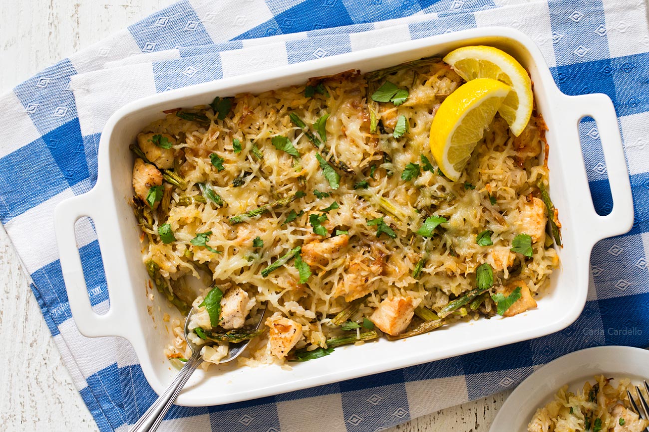 Lemon Chicken Rice Casserole with blue and white linen