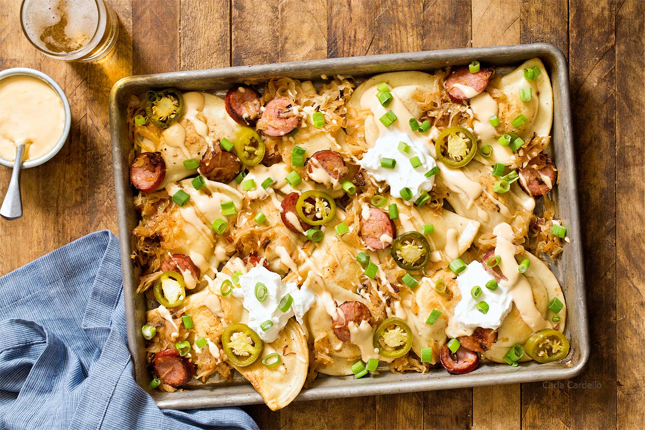 Pittsburgh Pierogy Nachos with fried pierogies instead of chips