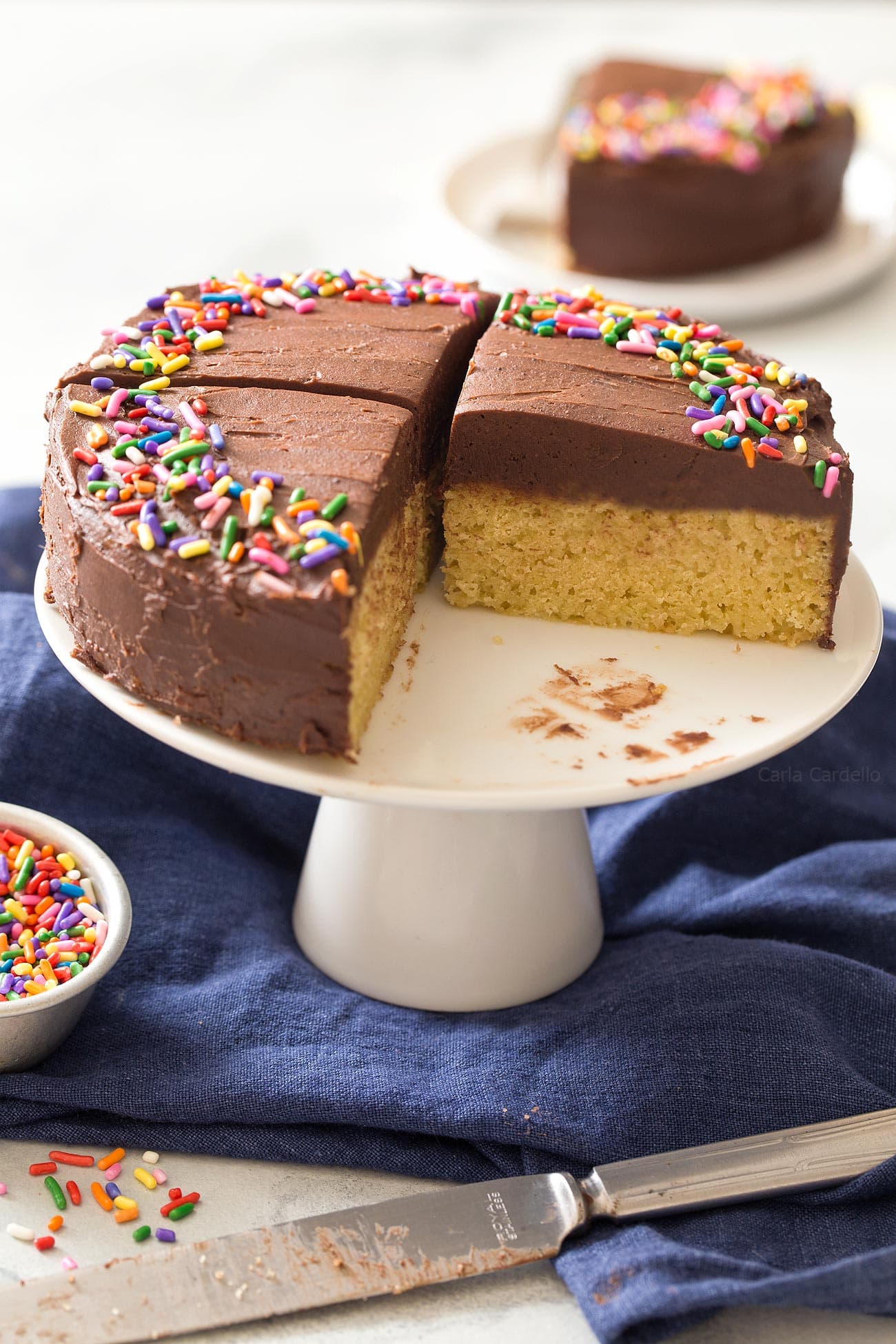 Small 6 Inch Yellow Cake For Two with homemade chocolate buttercream frosting for cake portion control.