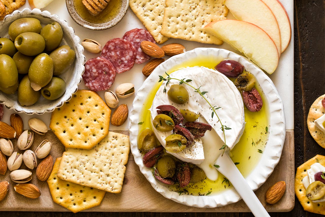 Olive Baked Brie With Olive Oil and Thyme for National Olive Day