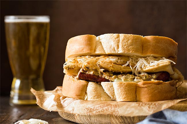 Polish Hill Pierogy Sandwich is Pittsburgh in a bite with kielbasa, pierogies, slaw, and beer mustard.