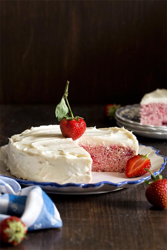 Small 6 Inch Strawberry Cake made from scratch using fresh strawberries. No cake mix and no strawberry jello!