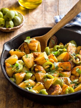 Close up of Pan Fried Potatoes With Olives