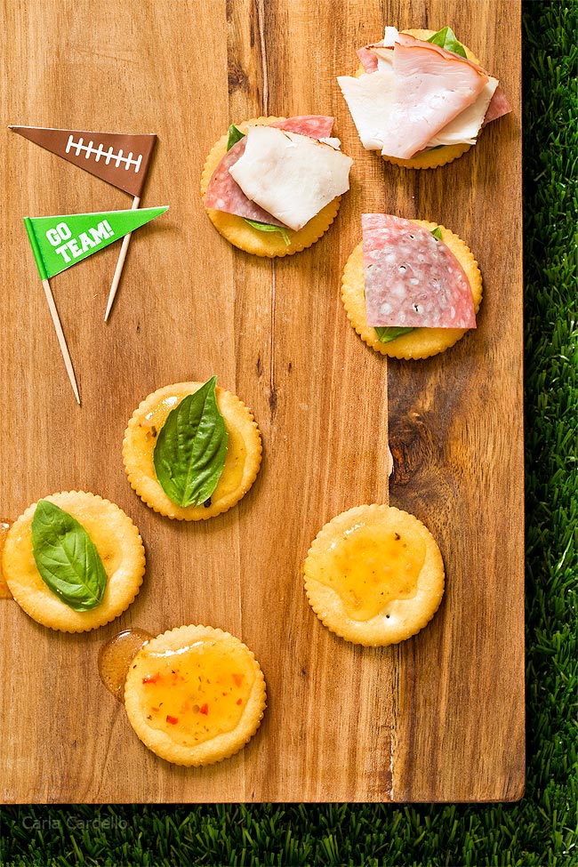 Assembling Antipasto Football Cracker Stacks