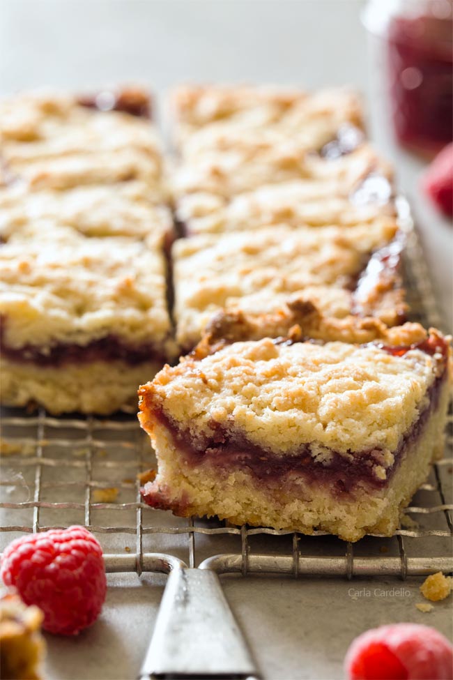 Small Batch Raspberry Crumb Bars baked in a loaf pan