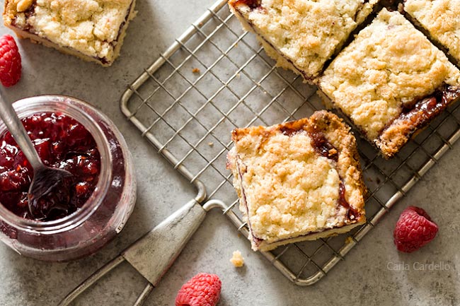 Small Batch Raspberry Crumb Bars with buttery crust and raspberry jam