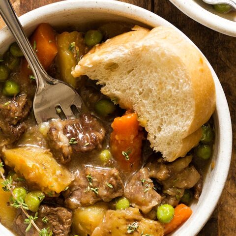Close up of easy beef stew recipe on stove in bowl