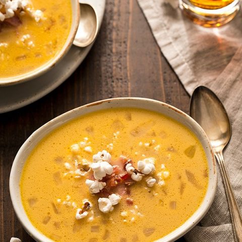 Bacon Beer Cheese Soup with Popcorn