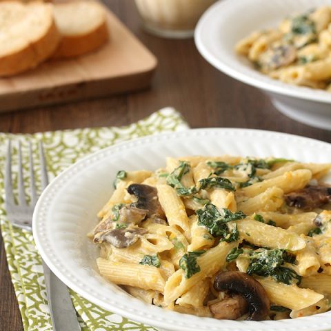 Butternut Squash Alfredo with Pasta, Spinach, and Mushrooms