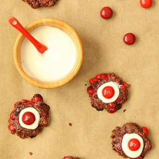 Chocolate Cherry M&M Thumbprint Cookies