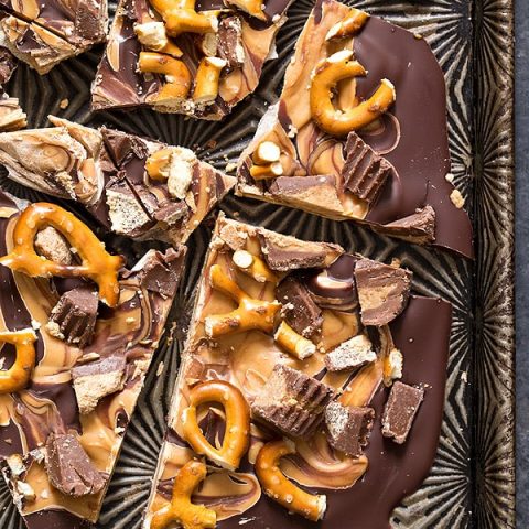 Close up of chocolate pretzel bark on cookie tray