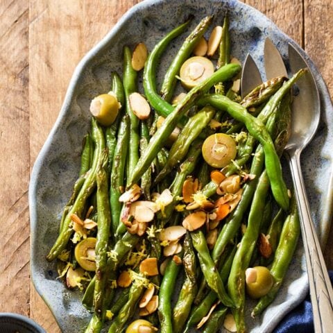 Green Beans with Almonds and Olives for vegan Thanksgiving side dish