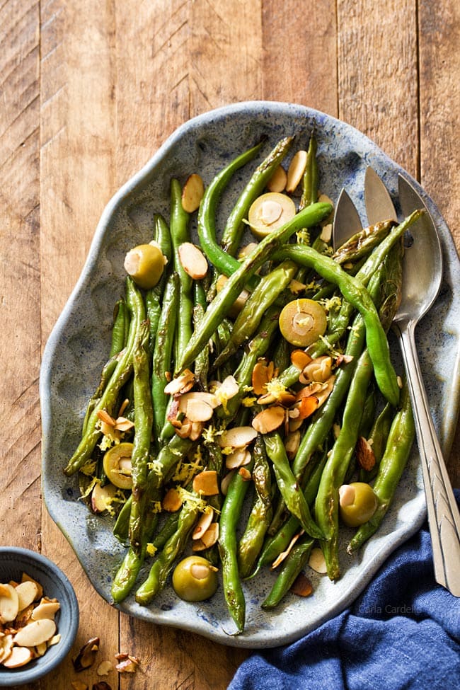 Green Beans with Almonds and Olives for vegan Thanksgiving side dish