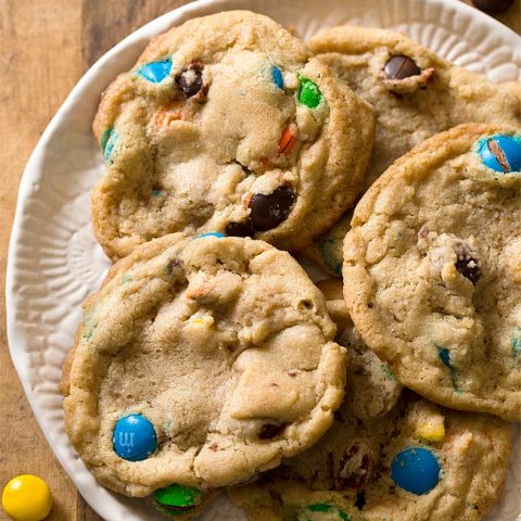 M&M cookie recipe piled on white plate