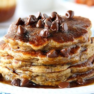 Close up of a stack of chocolate chip pancakes