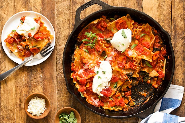 One Pan Vegetable Skillet Lasagna with carrots, spinach, and mushrooms