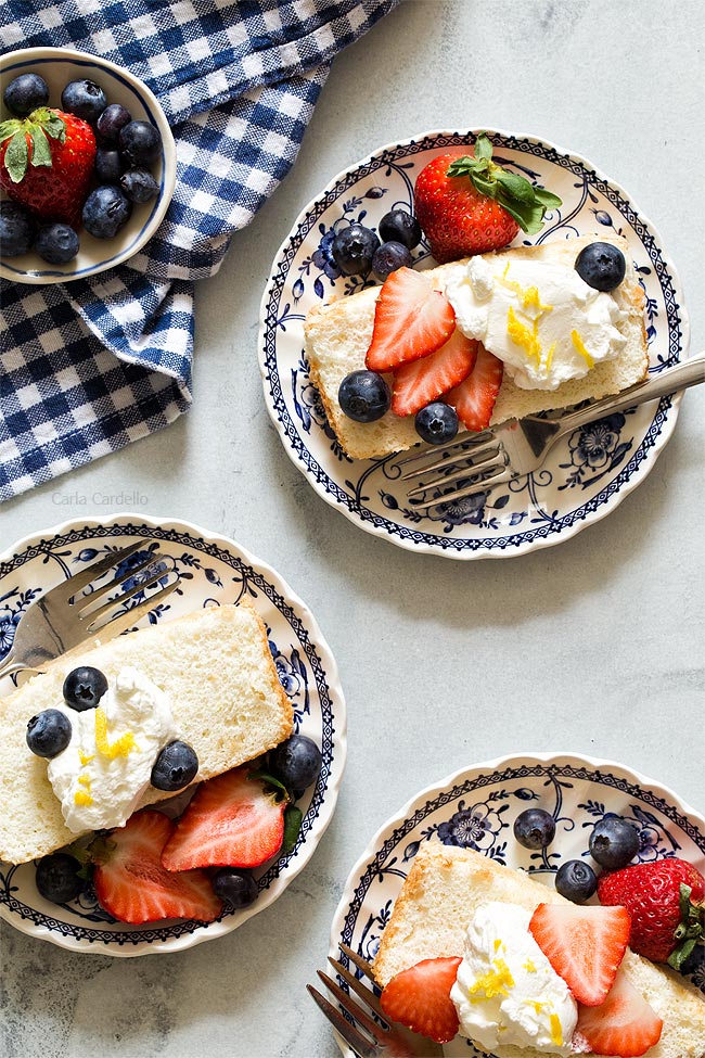 Angel Food Cake In A Loaf Pan with strawberries, blueberries, and whipped cream