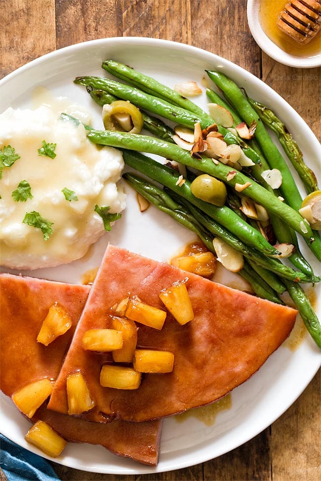 Honey Glazed Ham Steak with mashed potatoes and green beans