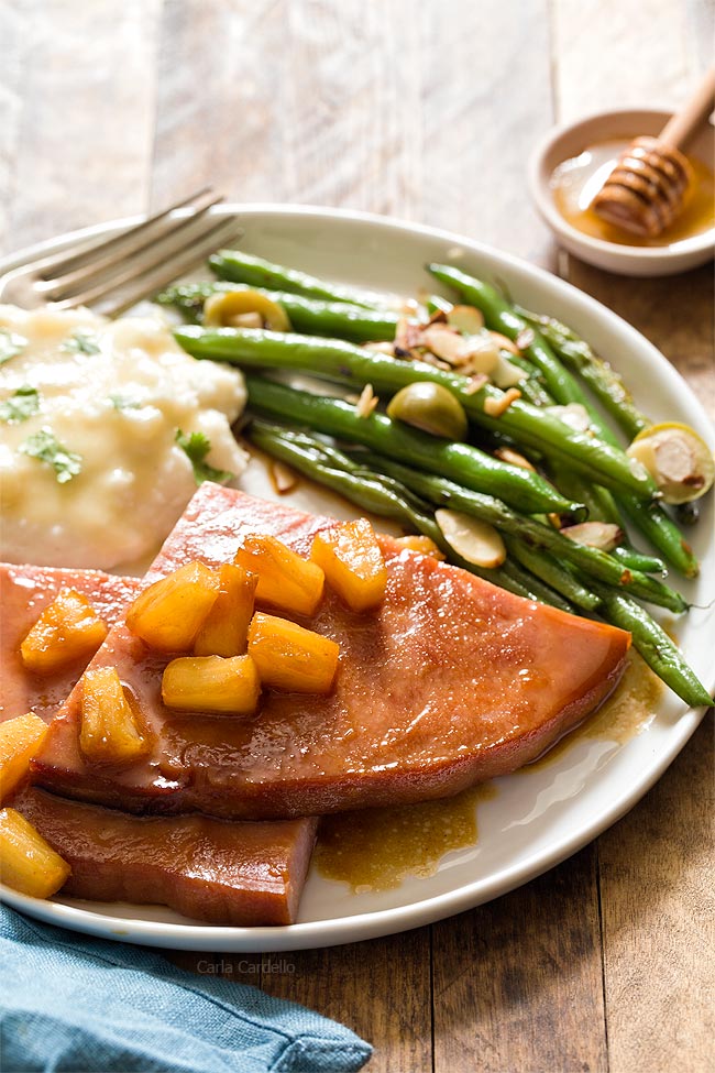 Honey Glazed Ham Steak Dinner For Two served with pineapple