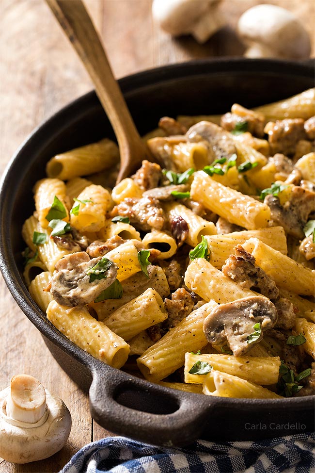 Close up of mushroom sausage pasta