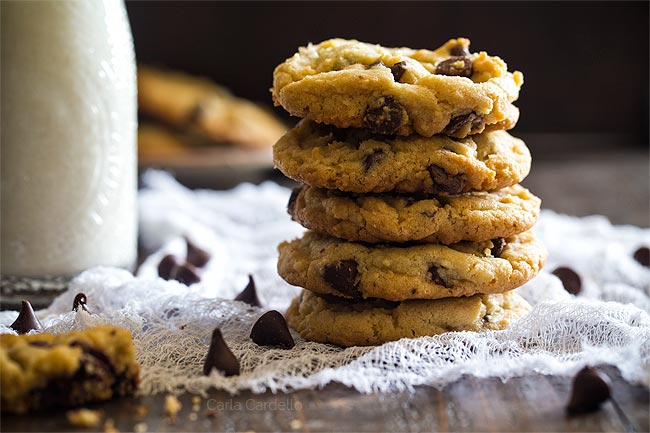 Close up of chocolate chip cookies stacked in a pile