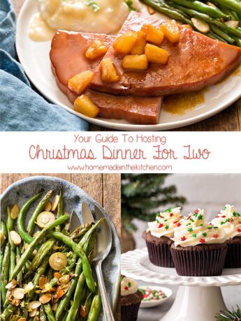 Collage of ham steak, green beans, and cupcakes