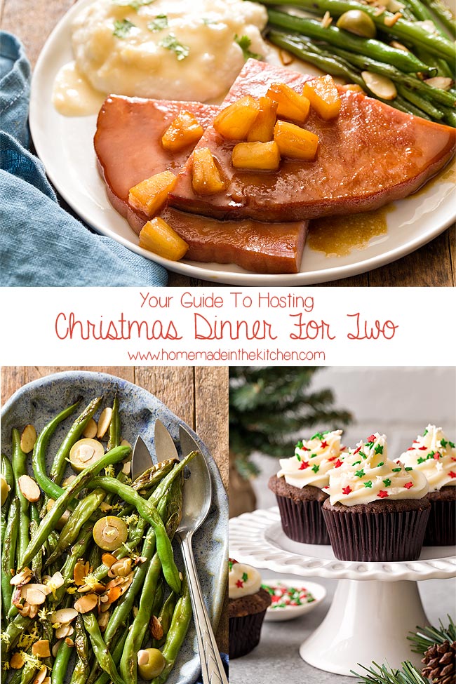Collage of ham steak, green beans, and cupcakes