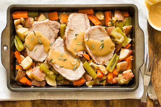 Pork Roast Dinner For Two with gravy and vegetables