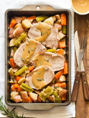 Pork Roast Dinner For Two with vegetables and gravy