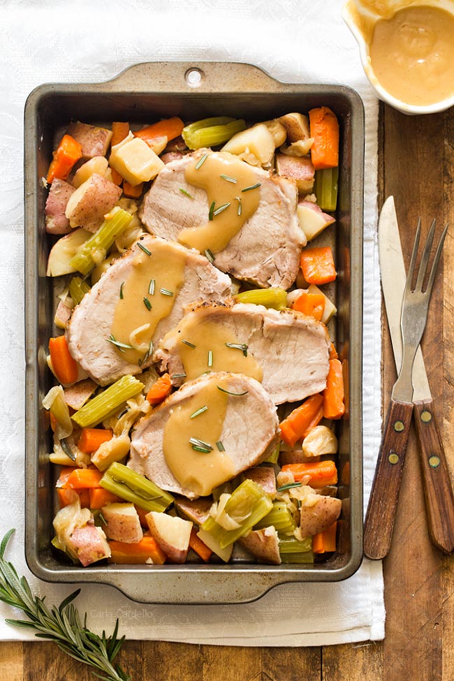 Pork Roast Dinner For Two with vegetables and gravy