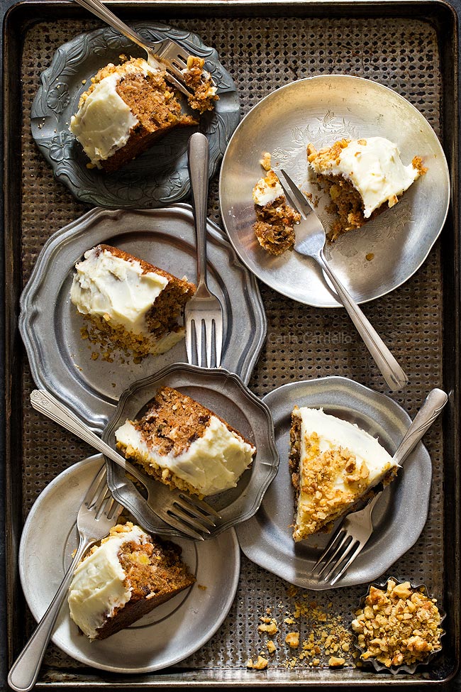 Slices of carrot cake on a tray