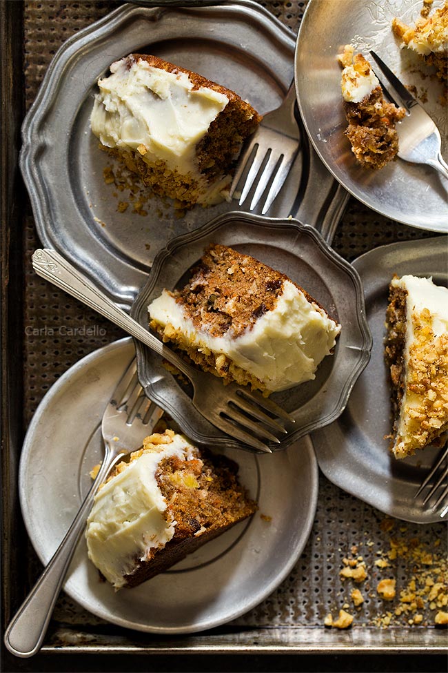 Slices of carrot cake on a tray