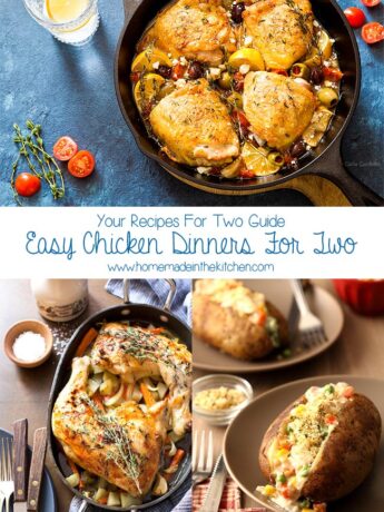 Photo collage of chicken dinners for two including chicken thighs, chicken quarters, and baked potato