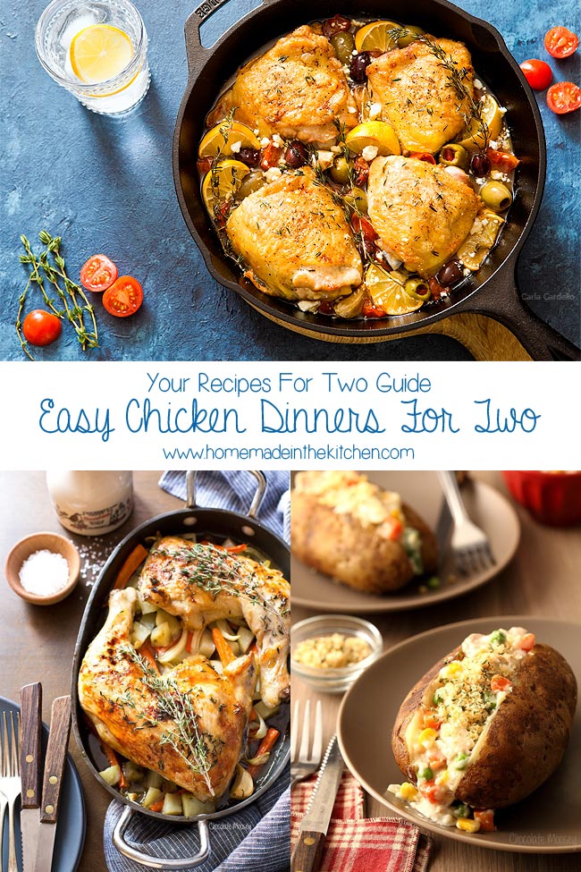 Photo collage of chicken dinners for two including chicken thighs, chicken quarters, and baked potato