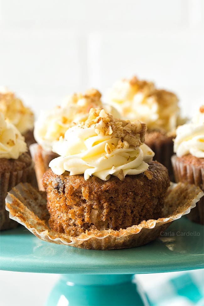 Close up of unwrapped carrot cake cupcake