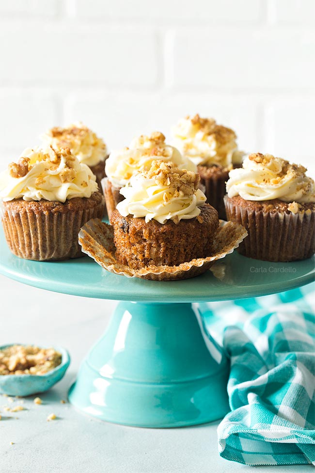 Carrot Cake Cupcakes on turquoise cake stand