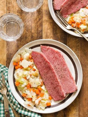 Corned Beef and Cabbage on plate with brown rim