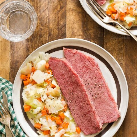 Corned Beef and Cabbage on plate with brown rim