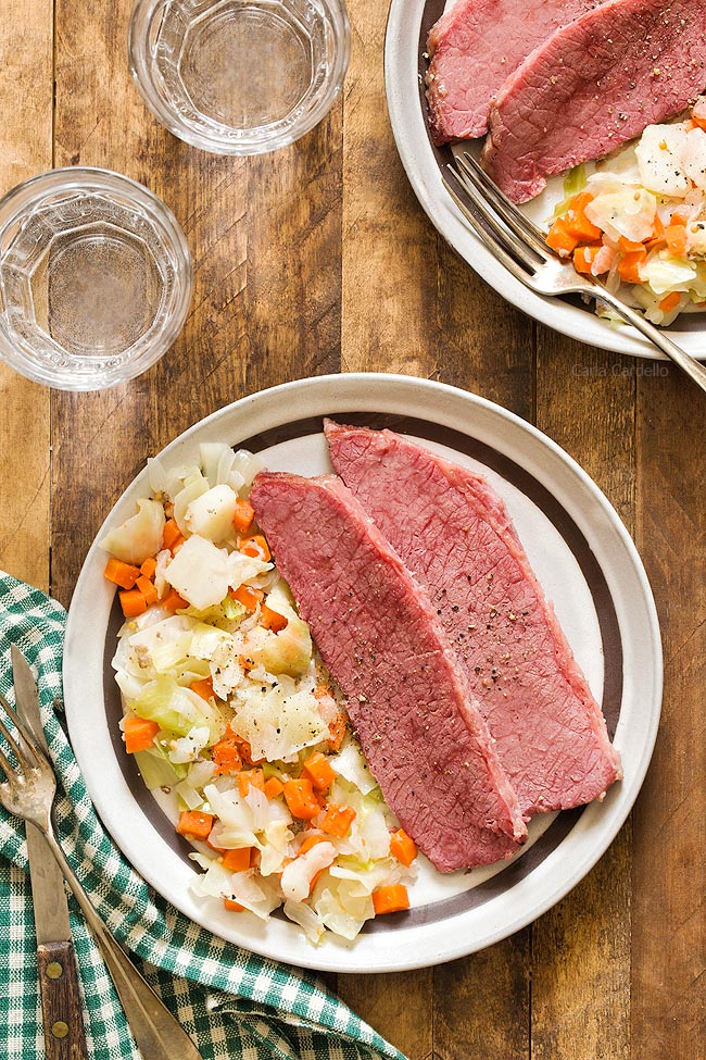 Corned Beef and Cabbage on plate with brown rim