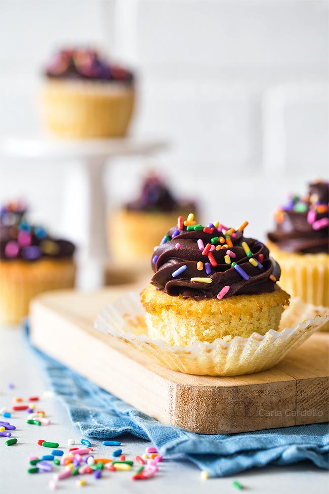 Small Batch Yellow Cupcakes with peeled liner