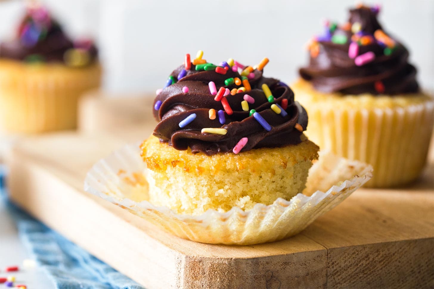 Close up of unwrapped yellow cake cupcake recipe