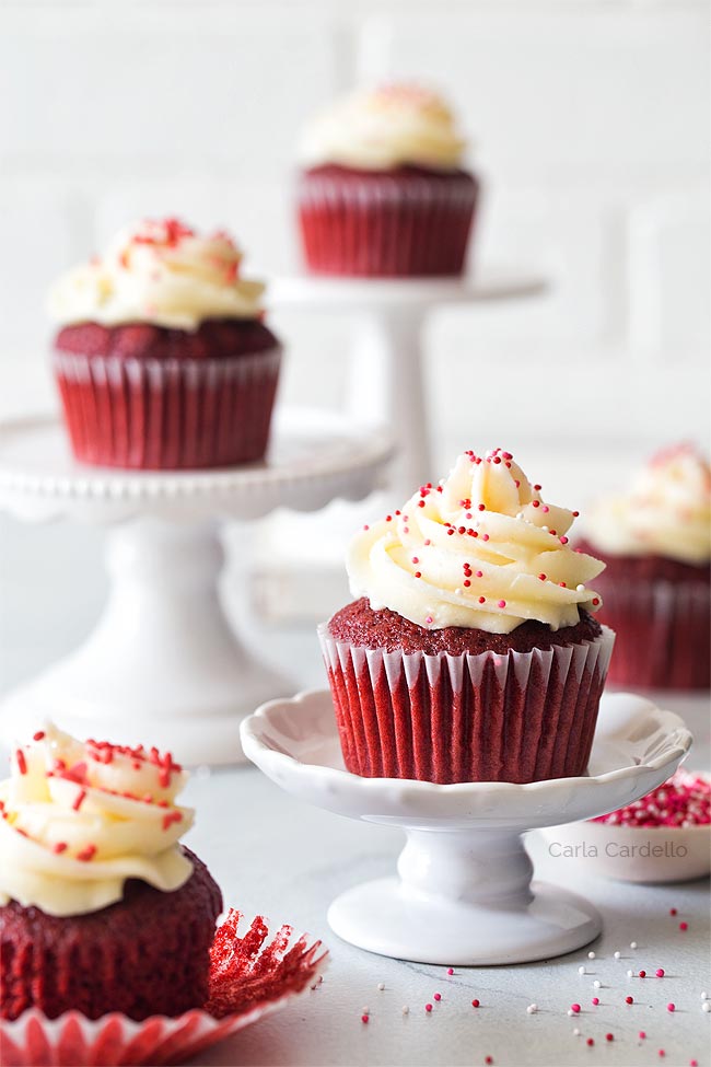 Small Batch Red Velvet Cupcakes with mini cake stands