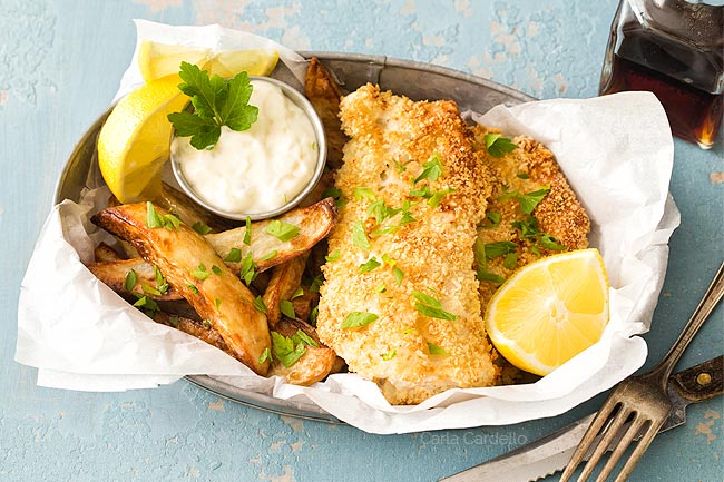 Baked Fish and Chips in round tin