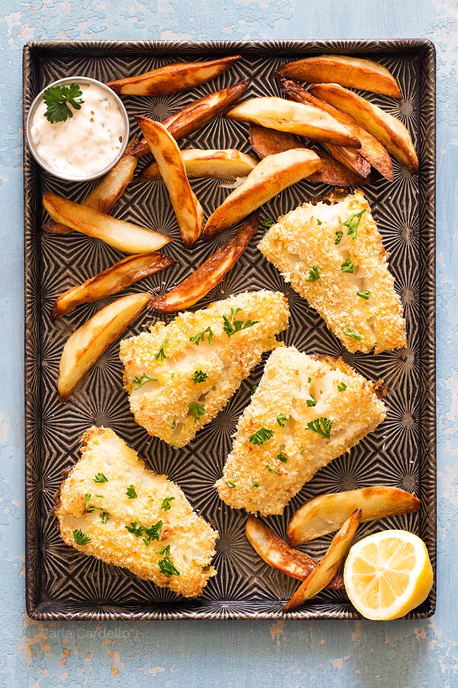 Baked Fish and Chips On Sheet Pan