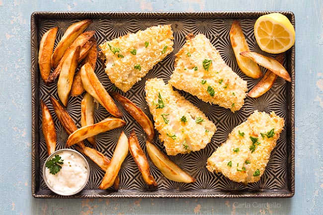 Baked Fish and Chips On Sheet Pan