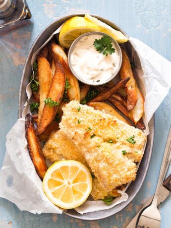 Baked Fish and Chips in round tin