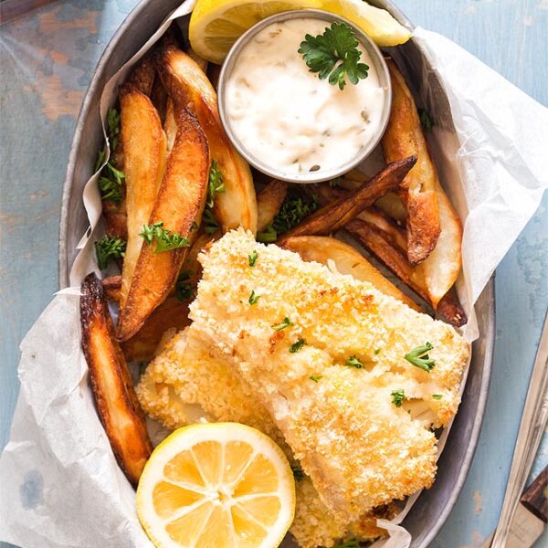 Baked Fish And Chips Homemade In Kitchen