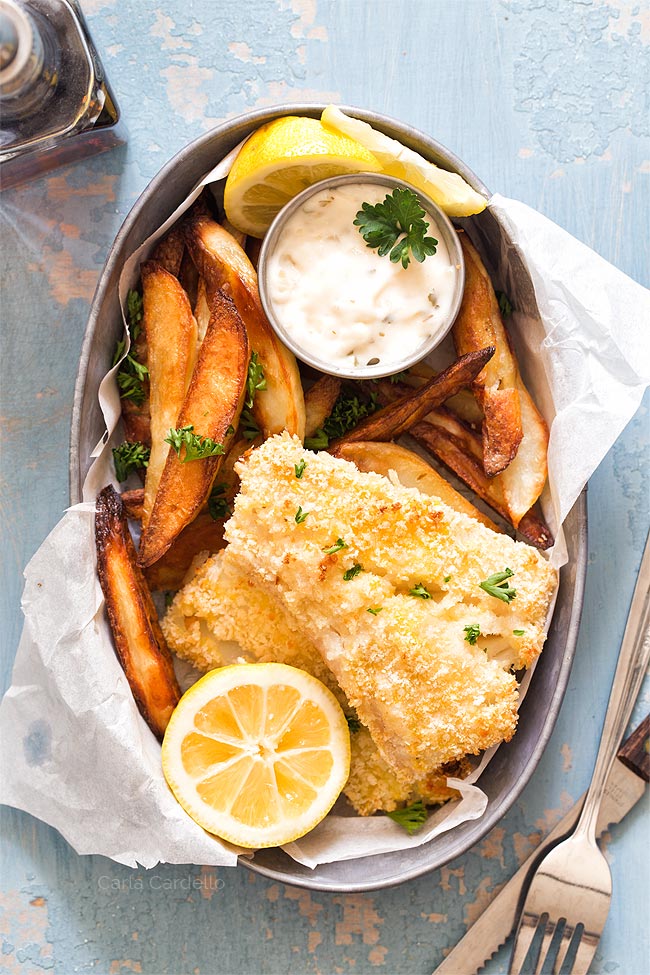 Baked Fish and Chips in round tin