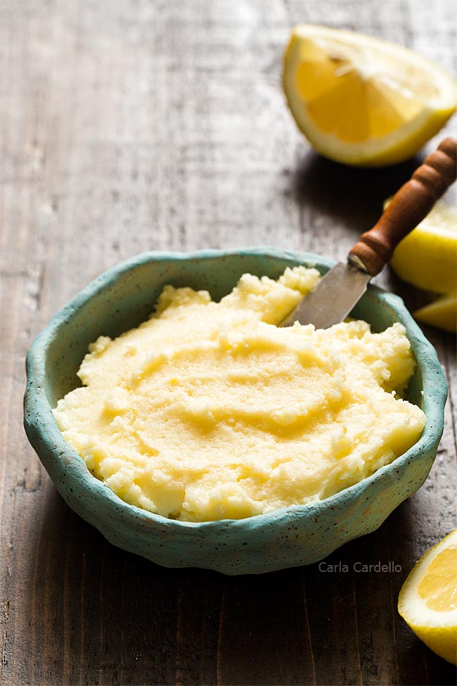 Blue bowl of Lemon Buttercream Frosting